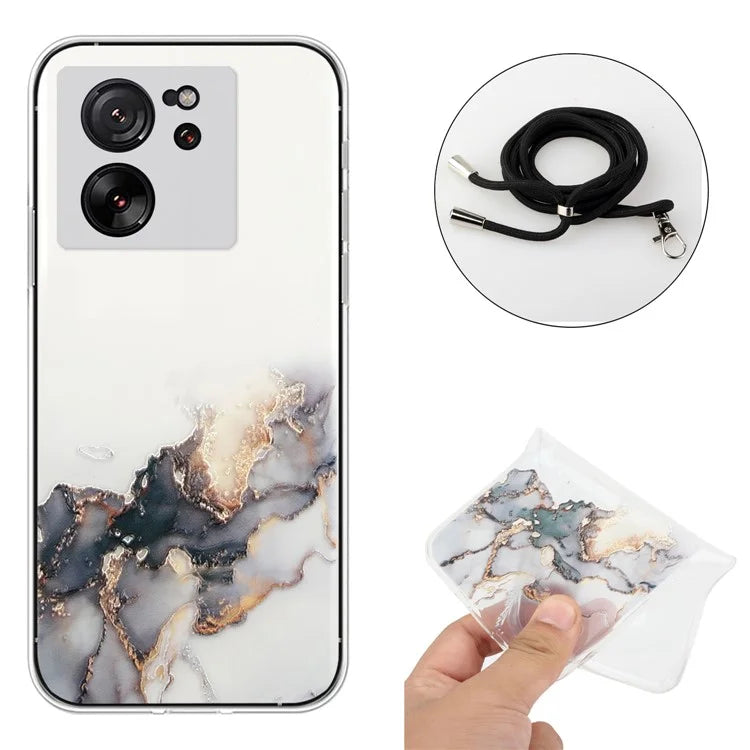 For Xiaomi Redmi K60 Ultra / 13T / 13T Pro Case Hollow Marble Pattern TPU Cell Phone Cover with Lanyard
