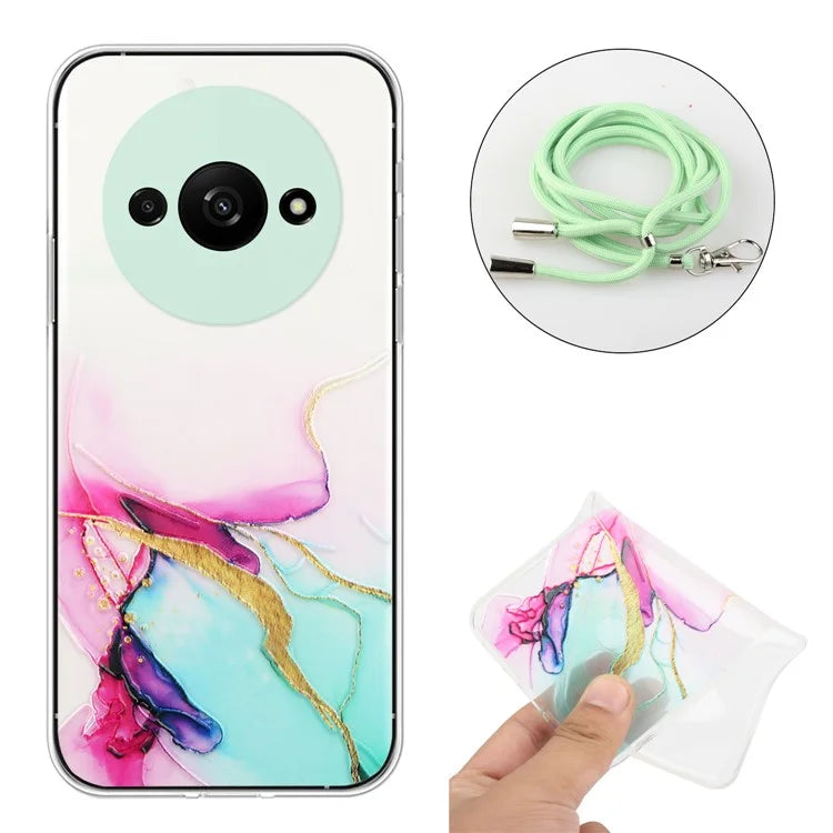 For Xiaomi Redmi A3 Slim Case Hollow Marble Pattern TPU Phone Cover with Lanyard