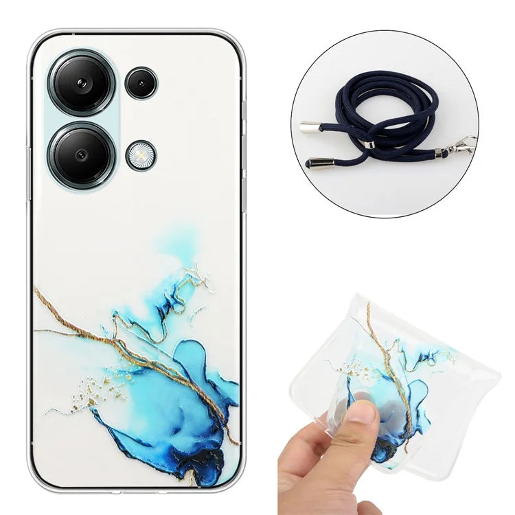 For Xiaomi Redmi Note 13 Pro 4G / Poco M6 Pro 4G TPU Case Hollow Marble Pattern Slim Phone Cover with Lanyard