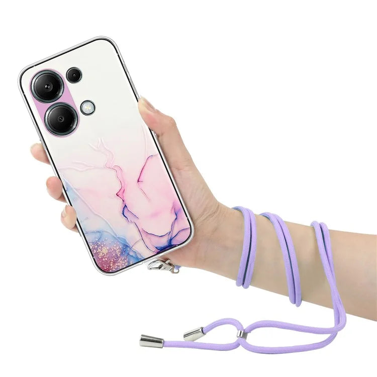 For Xiaomi Redmi Note 13 Pro 4G / Poco M6 Pro 4G TPU Case Hollow Marble Pattern Slim Phone Cover with Lanyard