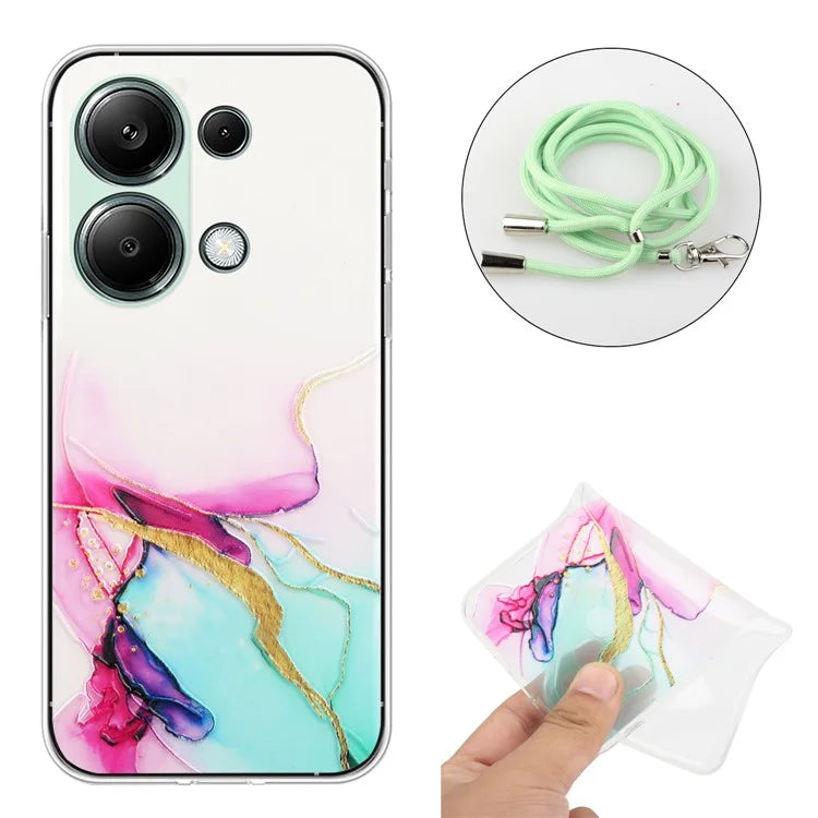For Xiaomi Redmi Note 13 Pro 4G / Poco M6 Pro 4G TPU Case Hollow Marble Pattern Slim Phone Cover with Lanyard