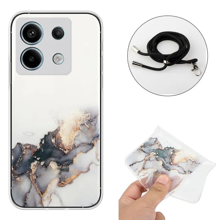 For Xiaomi Poco X6 5G / Redmi Note 13 Pro 5G Shockproof Case Marble Pattern TPU Phone Cover with Lanyard