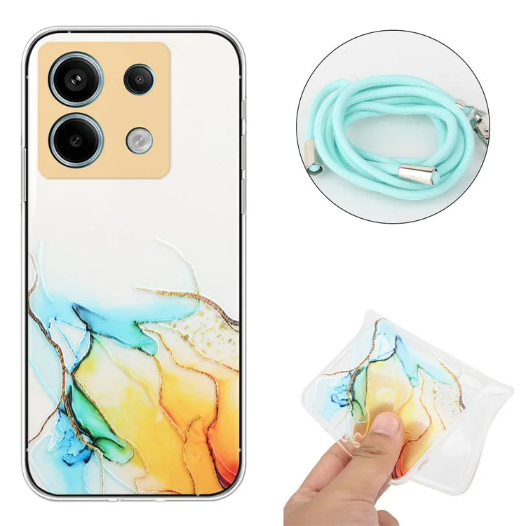 For Xiaomi Poco X6 5G / Redmi Note 13 Pro 5G Shockproof Case Marble Pattern TPU Phone Cover with Lanyard