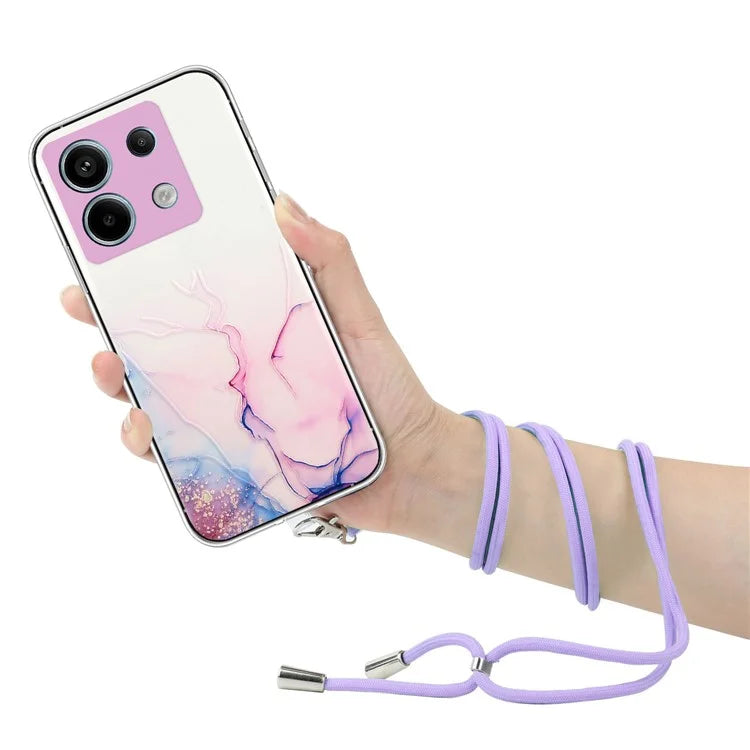 For Xiaomi Poco X6 5G / Redmi Note 13 Pro 5G Shockproof Case Marble Pattern TPU Phone Cover with Lanyard