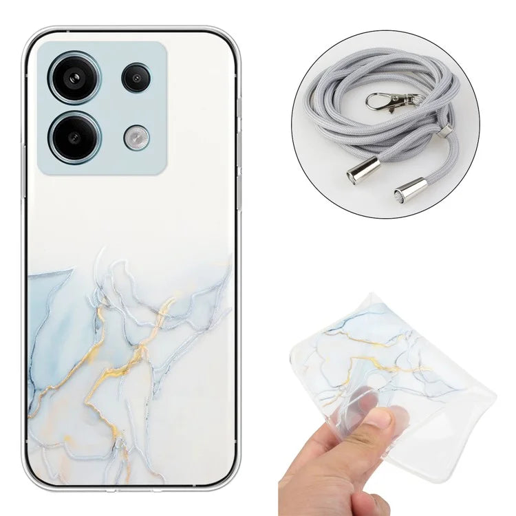 For Xiaomi Poco X6 5G / Redmi Note 13 Pro 5G Shockproof Case Marble Pattern TPU Phone Cover with Lanyard