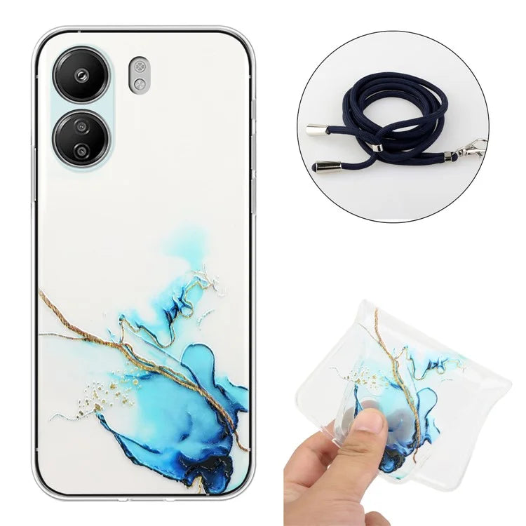 For Xiaomi Poco C65 4G / Redmi 13C 4G Case Marble Pattern Anti-drop TPU Phone Cover with Lanyard
