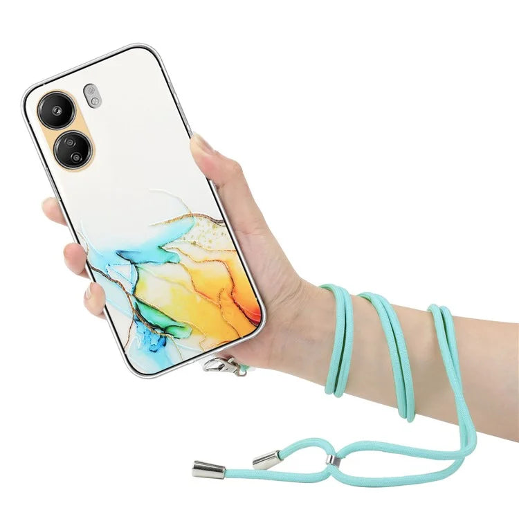 For Xiaomi Poco C65 4G / Redmi 13C 4G Case Marble Pattern Anti-drop TPU Phone Cover with Lanyard
