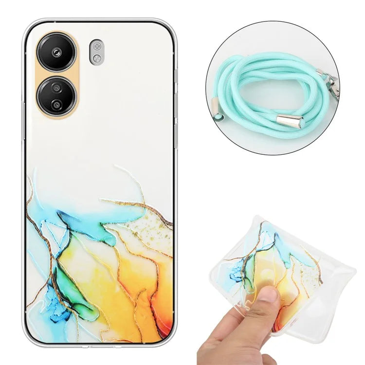 For Xiaomi Poco C65 4G / Redmi 13C 4G Case Marble Pattern Anti-drop TPU Phone Cover with Lanyard