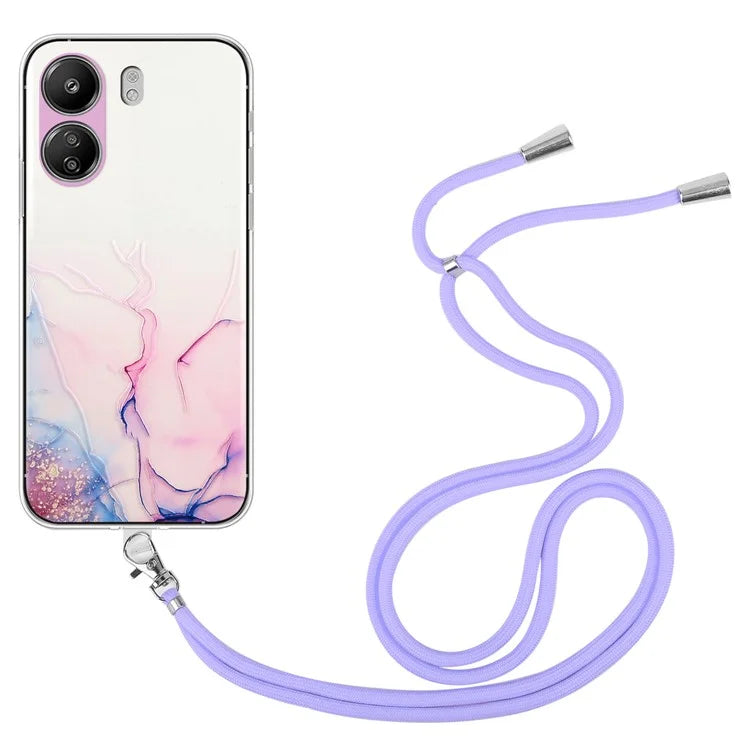 For Xiaomi Poco C65 4G / Redmi 13C 4G Case Marble Pattern Anti-drop TPU Phone Cover with Lanyard