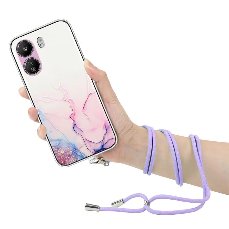For Xiaomi Poco C65 4G / Redmi 13C 4G Case Marble Pattern Anti-drop TPU Phone Cover with Lanyard