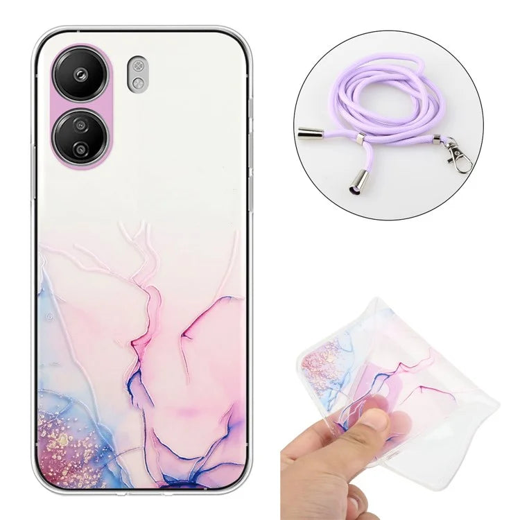 For Xiaomi Poco C65 4G / Redmi 13C 4G Case Marble Pattern Anti-drop TPU Phone Cover with Lanyard