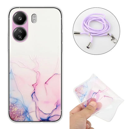 For Xiaomi Poco C65 4G / Redmi 13C 4G Case Marble Pattern Anti-drop TPU Phone Cover with Lanyard