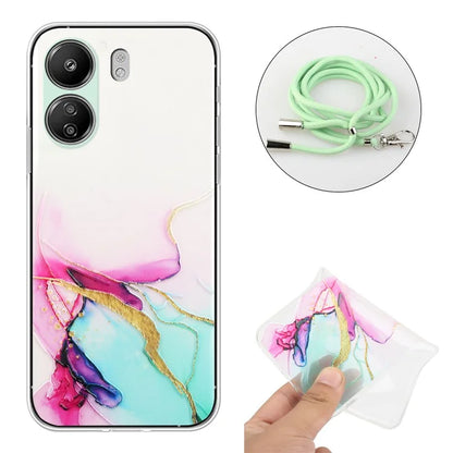 For Xiaomi Poco C65 4G / Redmi 13C 4G Case Marble Pattern Anti-drop TPU Phone Cover with Lanyard