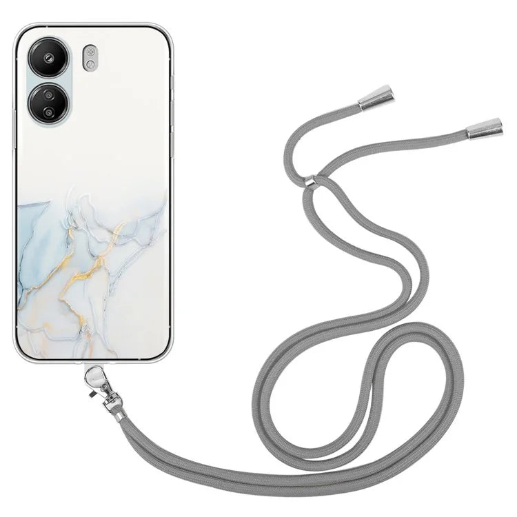 For Xiaomi Poco C65 4G / Redmi 13C 4G Case Marble Pattern Anti-drop TPU Phone Cover with Lanyard