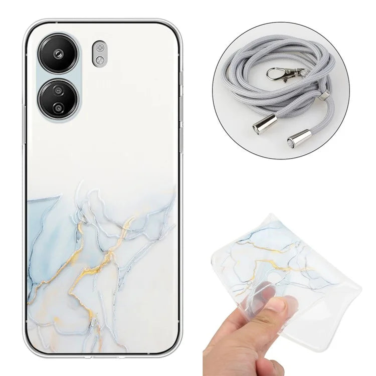 For Xiaomi Poco C65 4G / Redmi 13C 4G Case Marble Pattern Anti-drop TPU Phone Cover with Lanyard