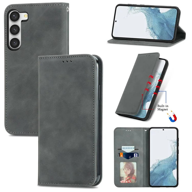 Card Slots Phone Stand Case for Samsung Galaxy S23 Skin-Touch Feeling PU Leather Phone Shell