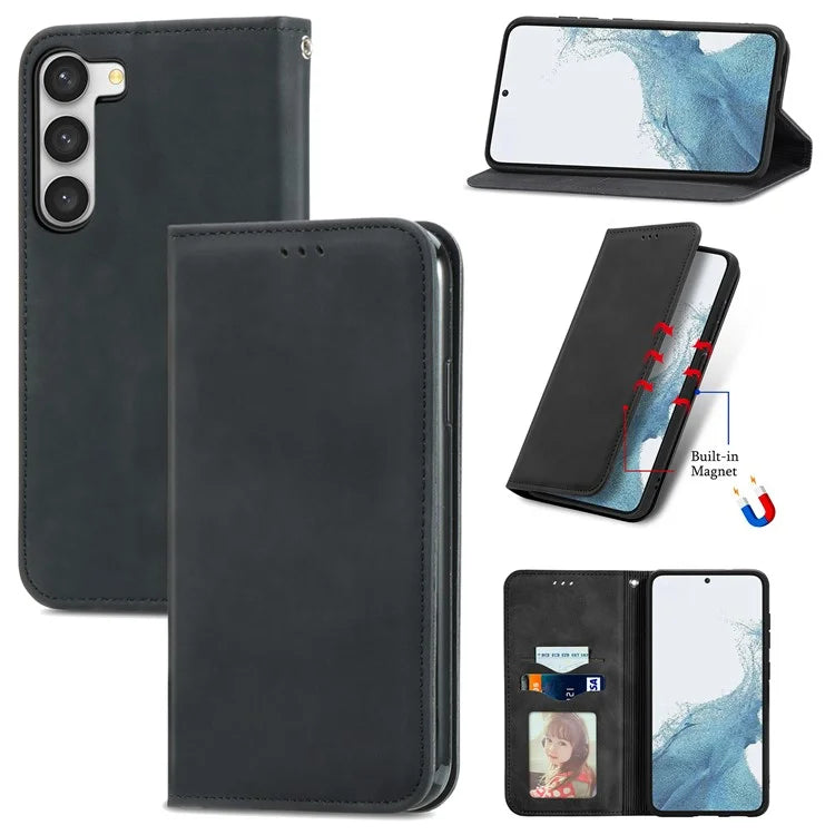 Card Slots Phone Stand Case for Samsung Galaxy S23 Skin-Touch Feeling PU Leather Phone Shell