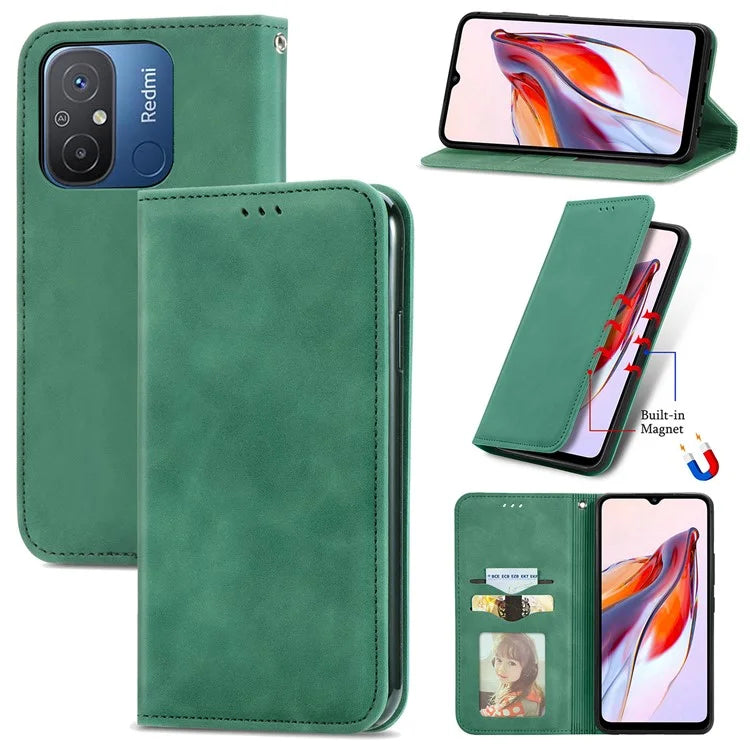 Slim-Fit Phone Stand Case for Xiaomi Redmi 12C 4G / 11A 4G Skin-Touch Feeling Card Slots PU Leather Phone Shell