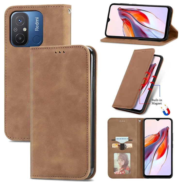Slim-Fit Phone Stand Case for Xiaomi Redmi 12C 4G / 11A 4G Skin-Touch Feeling Card Slots PU Leather Phone Shell