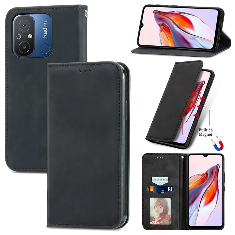 Slim-Fit Phone Stand Case for Xiaomi Redmi 12C 4G / 11A 4G Skin-Touch Feeling Card Slots PU Leather Phone Shell