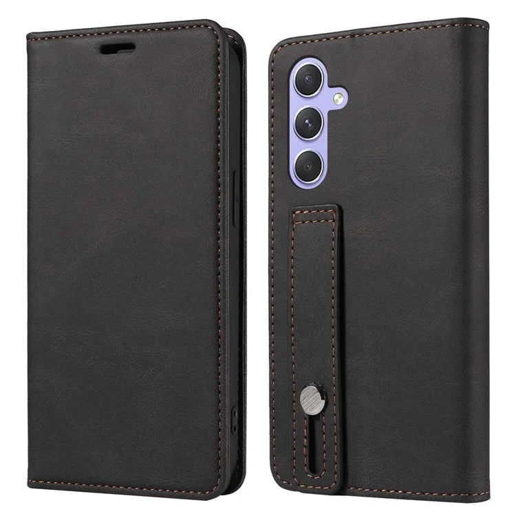 For Samsung Galaxy A24 4G (162.1 x 77.6 x 8.3mm) Magnetic Phone Case Leather Stand Shell with Wristband