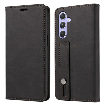 For Samsung Galaxy A24 4G (162.1 x 77.6 x 8.3mm) Magnetic Phone Case Leather Stand Shell with Wristband