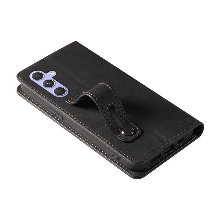 For Samsung Galaxy A24 4G (162.1 x 77.6 x 8.3mm) Magnetic Phone Case Leather Stand Shell with Wristband