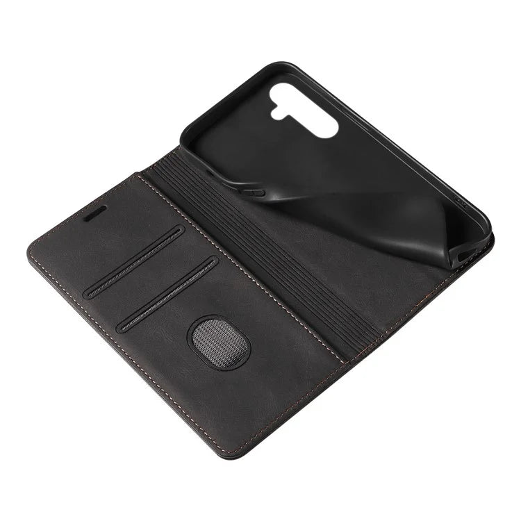 For Samsung Galaxy A24 4G (162.1 x 77.6 x 8.3mm) Magnetic Phone Case Leather Stand Shell with Wristband