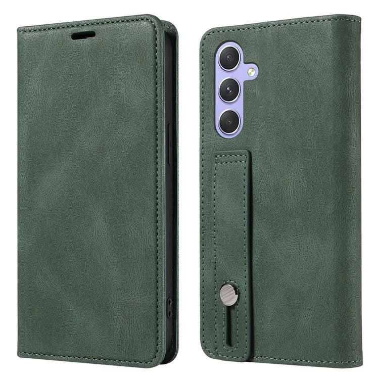 For Samsung Galaxy A24 4G (162.1 x 77.6 x 8.3mm) Magnetic Phone Case Leather Stand Shell with Wristband