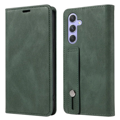 For Samsung Galaxy A24 4G (162.1 x 77.6 x 8.3mm) Magnetic Phone Case Leather Stand Shell with Wristband