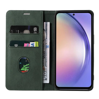 For Samsung Galaxy A24 4G (162.1 x 77.6 x 8.3mm) Magnetic Phone Case Leather Stand Shell with Wristband