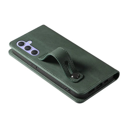 For Samsung Galaxy A24 4G (162.1 x 77.6 x 8.3mm) Magnetic Phone Case Leather Stand Shell with Wristband