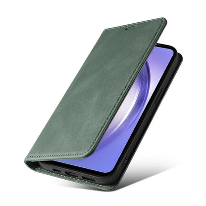 For Samsung Galaxy A24 4G (162.1 x 77.6 x 8.3mm) Magnetic Phone Case Leather Stand Shell with Wristband
