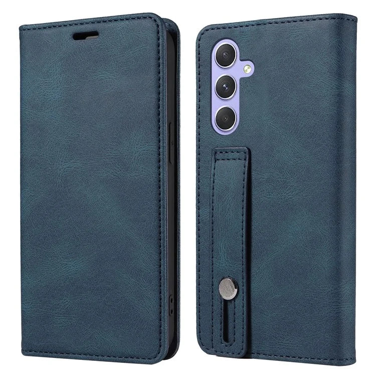 For Samsung Galaxy A24 4G (162.1 x 77.6 x 8.3mm) Magnetic Phone Case Leather Stand Shell with Wristband
