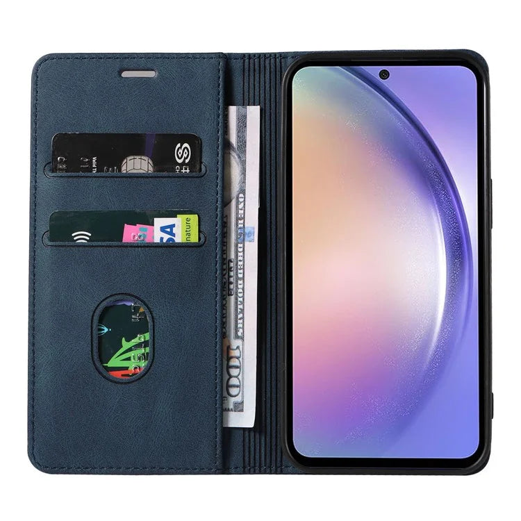 For Samsung Galaxy A24 4G (162.1 x 77.6 x 8.3mm) Magnetic Phone Case Leather Stand Shell with Wristband