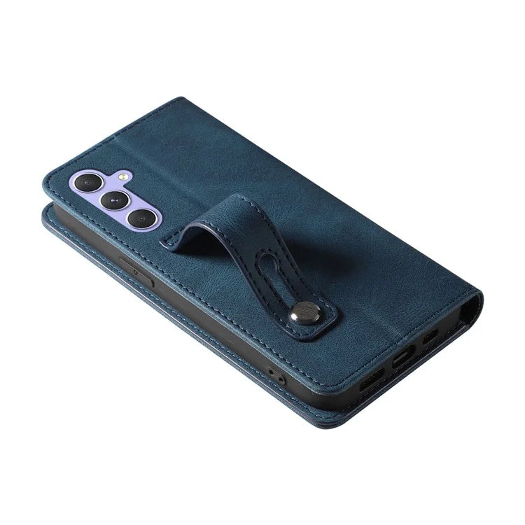 For Samsung Galaxy A24 4G (162.1 x 77.6 x 8.3mm) Magnetic Phone Case Leather Stand Shell with Wristband