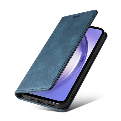 For Samsung Galaxy A24 4G (162.1 x 77.6 x 8.3mm) Magnetic Phone Case Leather Stand Shell with Wristband