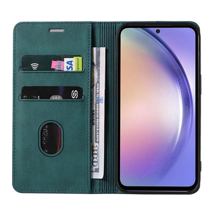 For Samsung Galaxy A24 4G (162.1 x 77.6 x 8.3mm) Magnetic Phone Case Leather Stand Shell with Wristband