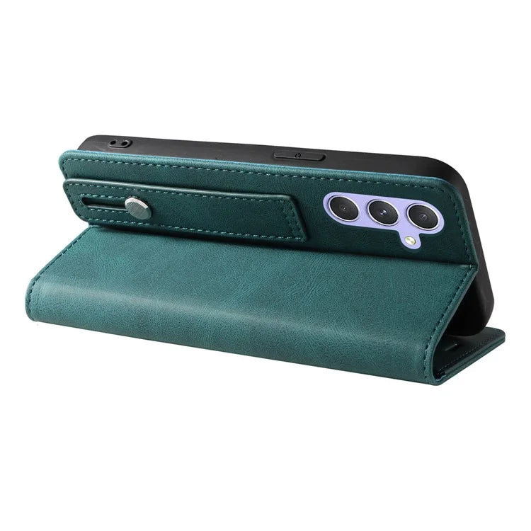 For Samsung Galaxy A24 4G (162.1 x 77.6 x 8.3mm) Magnetic Phone Case Leather Stand Shell with Wristband