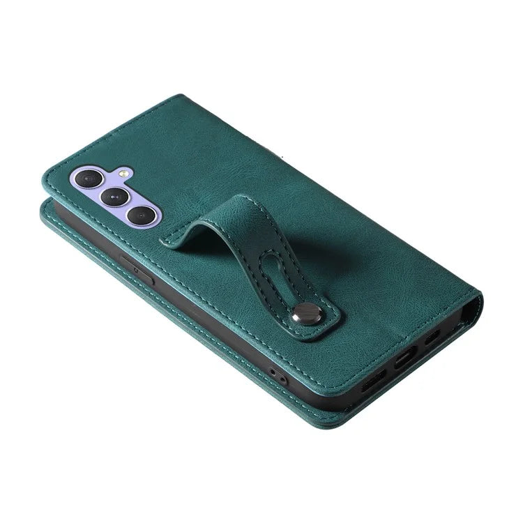 For Samsung Galaxy A24 4G (162.1 x 77.6 x 8.3mm) Magnetic Phone Case Leather Stand Shell with Wristband