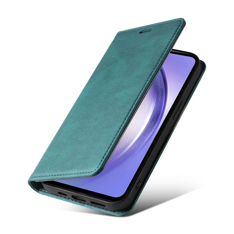 For Samsung Galaxy A24 4G (162.1 x 77.6 x 8.3mm) Magnetic Phone Case Leather Stand Shell with Wristband