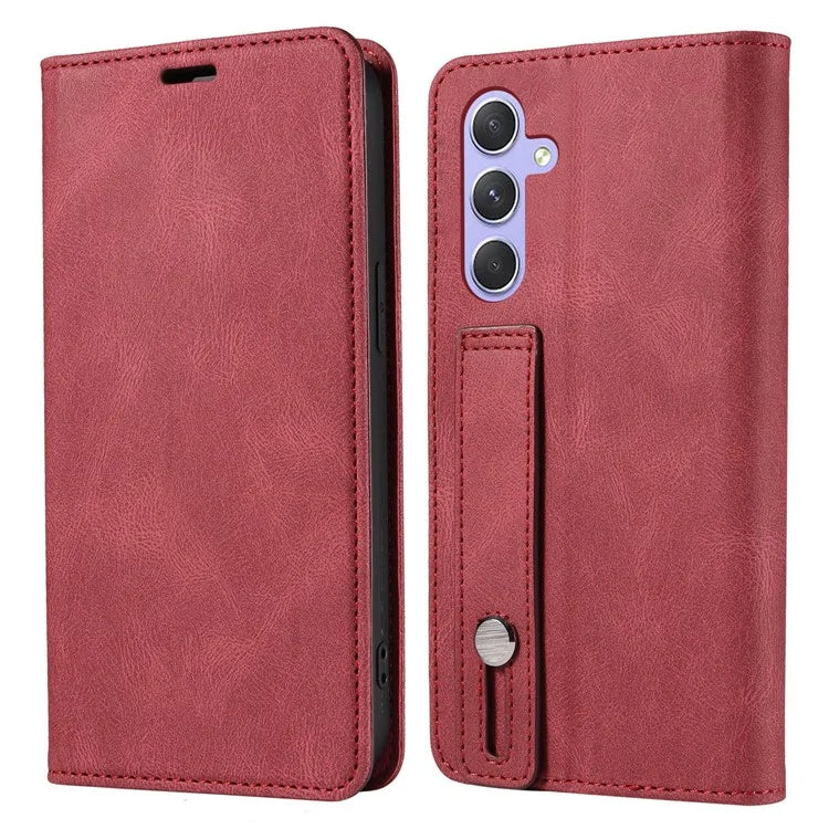 For Samsung Galaxy A24 4G (162.1 x 77.6 x 8.3mm) Magnetic Phone Case Leather Stand Shell with Wristband