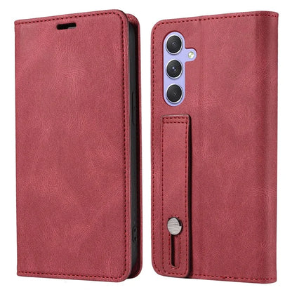 For Samsung Galaxy A24 4G (162.1 x 77.6 x 8.3mm) Magnetic Phone Case Leather Stand Shell with Wristband
