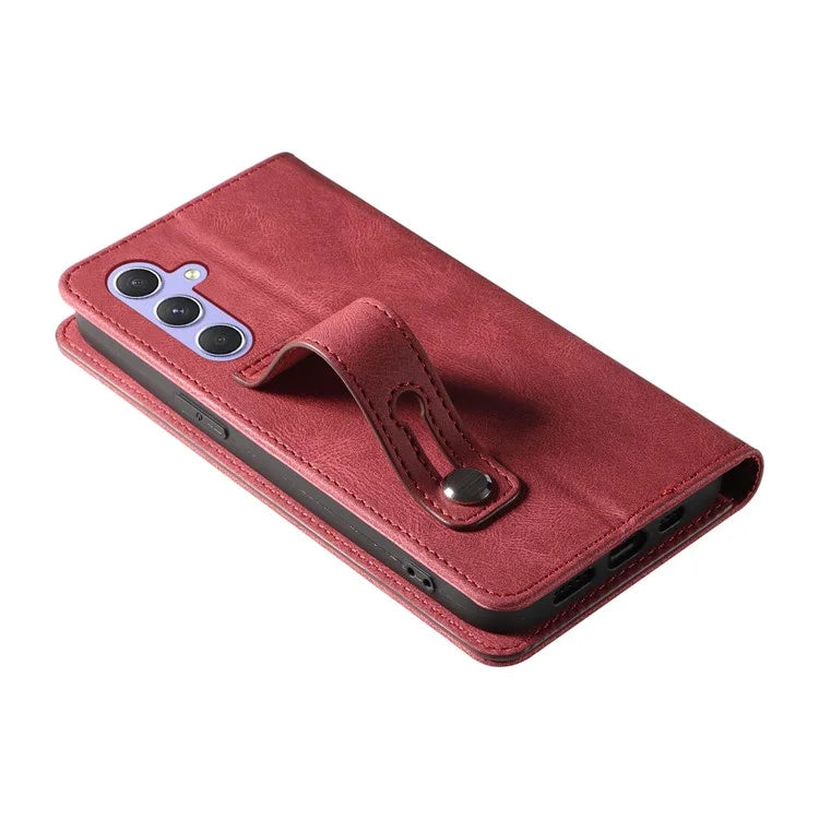 For Samsung Galaxy A24 4G (162.1 x 77.6 x 8.3mm) Magnetic Phone Case Leather Stand Shell with Wristband
