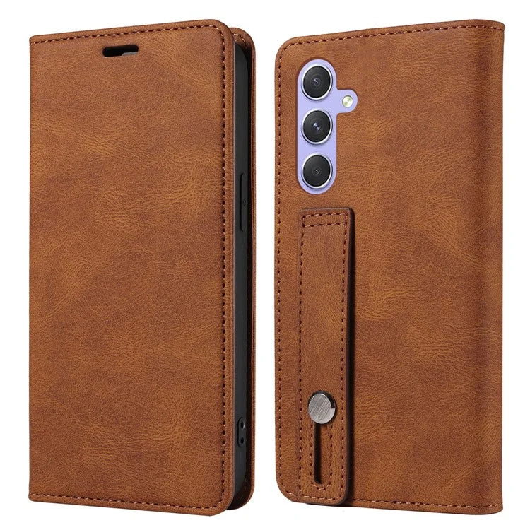 For Samsung Galaxy A24 4G (162.1 x 77.6 x 8.3mm) Magnetic Phone Case Leather Stand Shell with Wristband