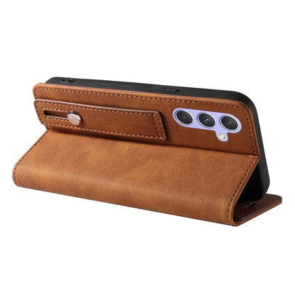 For Samsung Galaxy A24 4G (162.1 x 77.6 x 8.3mm) Magnetic Phone Case Leather Stand Shell with Wristband