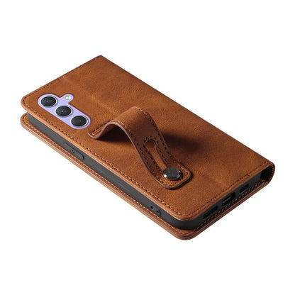 For Samsung Galaxy A24 4G (162.1 x 77.6 x 8.3mm) Magnetic Phone Case Leather Stand Shell with Wristband