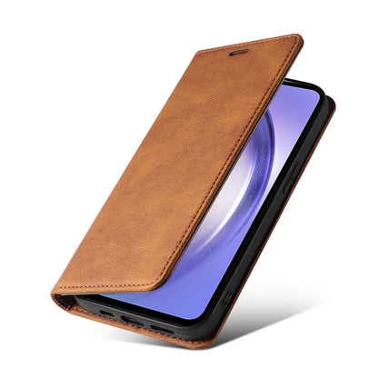 For Samsung Galaxy A24 4G (162.1 x 77.6 x 8.3mm) Magnetic Phone Case Leather Stand Shell with Wristband