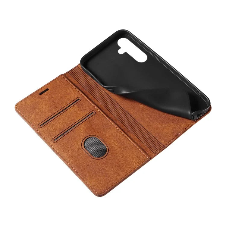 For Samsung Galaxy A24 4G (162.1 x 77.6 x 8.3mm) Magnetic Phone Case Leather Stand Shell with Wristband