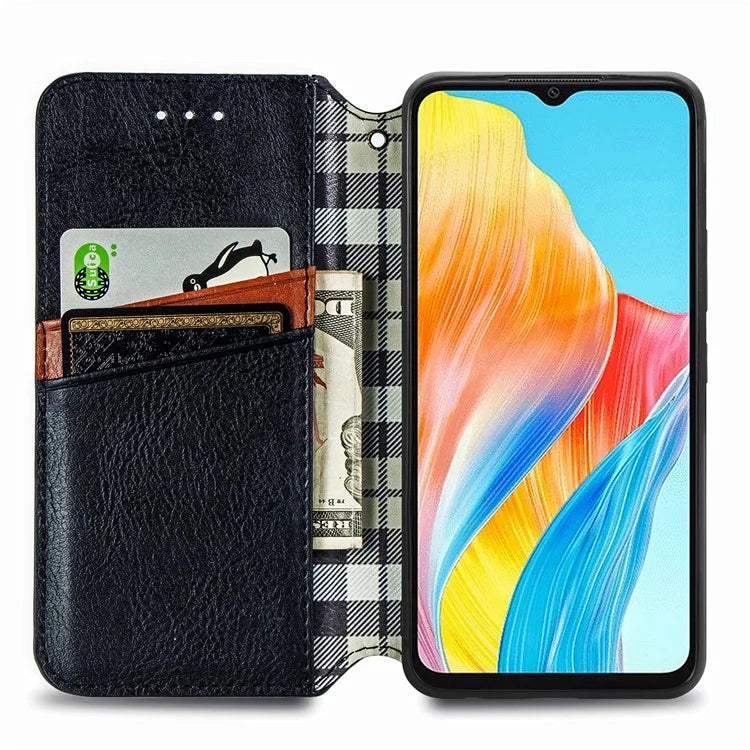 For Oppo A38 4G / A18 4G Magnetic Case Imprinted Rhombus Pattern Wallet Phone Protector